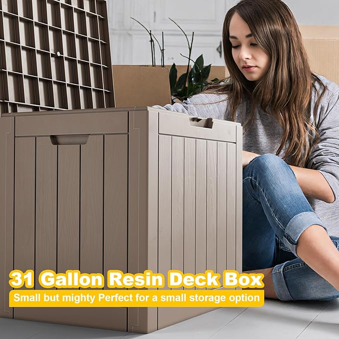 30 Gallon Resin Deck Box, Lockable Outdoor Storage Box for Patio Cushions Storage Furniture,Garden Tools, Pool Supplies, Weatherproof and UV Resistant- Grey-CasaMuseHome