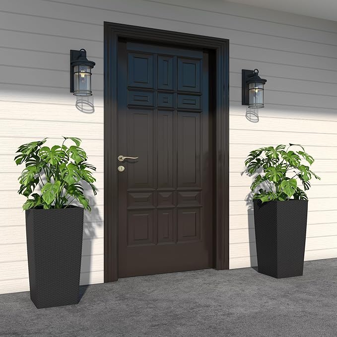 2Pcs 23in High Large Plant Pots Planter-Self-Watering,Modern Planter with Drain Holes,Water Level Monitor,Inner Bucket for Indoor/Outdoor Front Porch Patio,Black Rattan-CasaMuseHome