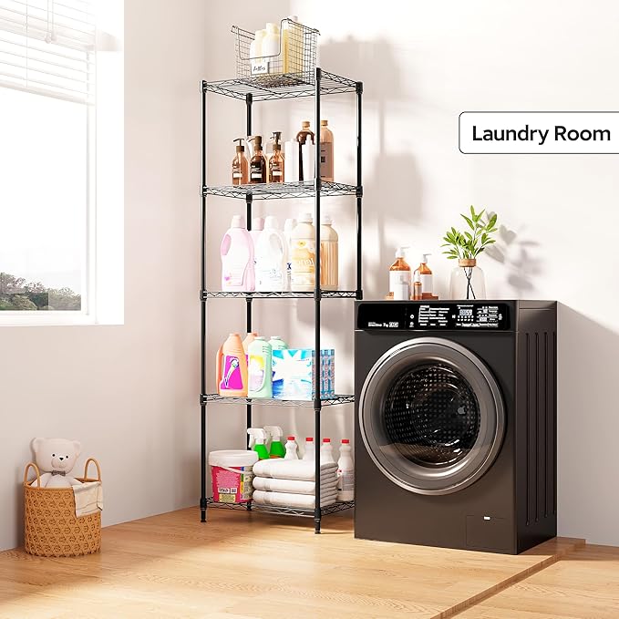 5 Tiers Shelf Metal Storage Shelves Wire Rack Closet Organizers with Wheel for Garage Kitchen Bathroom Laundry Black 11.8" D x 17.7" W x 55" H-CasaMuseHome