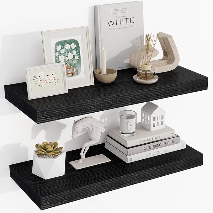 24 Inch Floating Shelves, 24"x9.25"x1.5" Inch Deep Floating Shelves for Wall, Wooden Shelves for Bathroom, Bedroom, Living Room, Black-CasaMuseHome