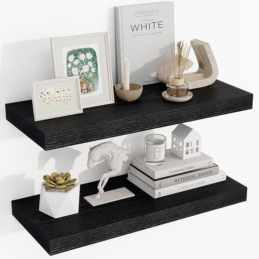 24 Inch Floating Shelves, 24"x9.25"x1.5" Inch Deep Floating Shelves for Wall, Wooden Shelves for Bathroom, Bedroom, Living Room, Black-CasaMuseHome