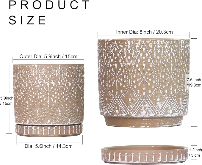 8 Inch + 6 Inch Plant Pot with Drainage Holes and Saucers, Indoor Ceramic Planter for Plants Succulent Orchid Flower Pots-CasaMuseHome