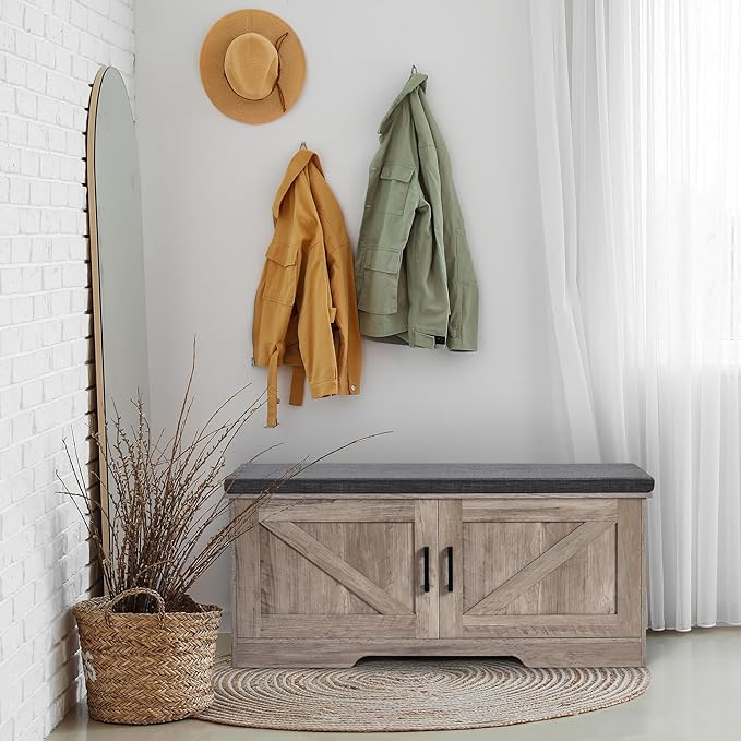 2-Tier Storage Bench, Shoe Bench with Padded Seat Cushion, Entryway Bench with 2 Barn Doors, Adjustable Shelf, 13.8" D x 39.4" W x 17.7" H, for Entryway, Living Room, Bedroom, Greige-CasaMuseHome