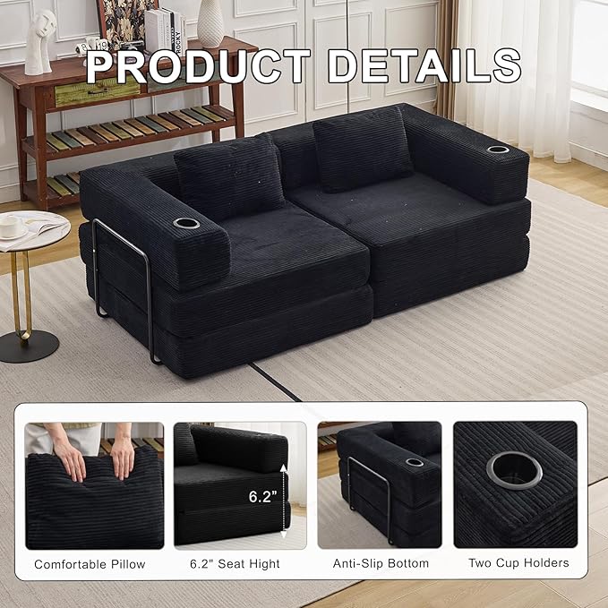 78" W Loveseat Sofa, 4 in 1 Convertible Floor Sofa Bed, Boneless Cloud Couch with Cup Holder, Fold Out Floor Couch, Loveseat Recliner Sleeper for Living Room Bedroom Lounge(Corduroy, White)-CasaMuseHome