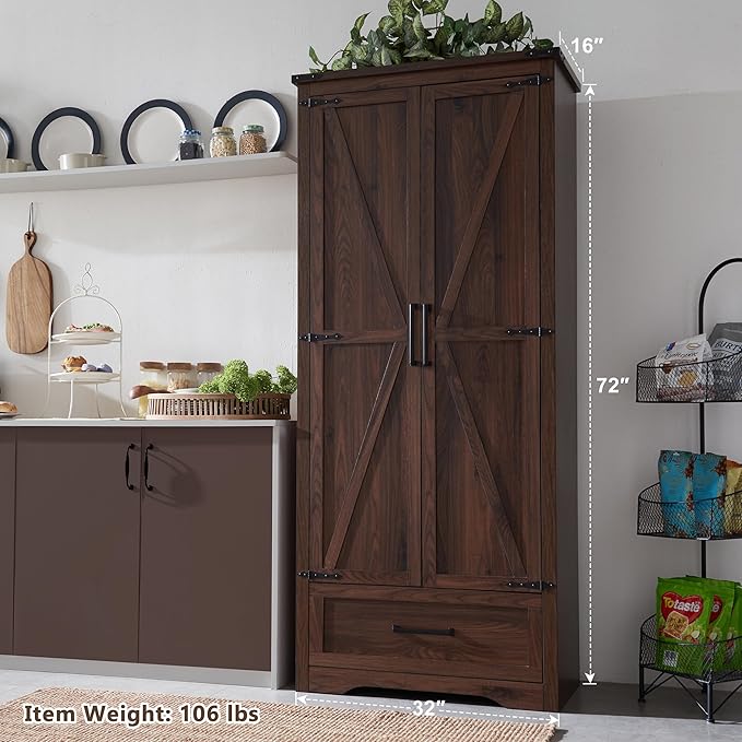72" Tall Wood Storage Cabinet, Farmhouse Kitchen Pantry Cabinet with Adjustable Shelves & Drawer & Barn Doors, Versatile Storage for Kitchen, Dining Room, Bathroom, Brown-CasaMuseHome