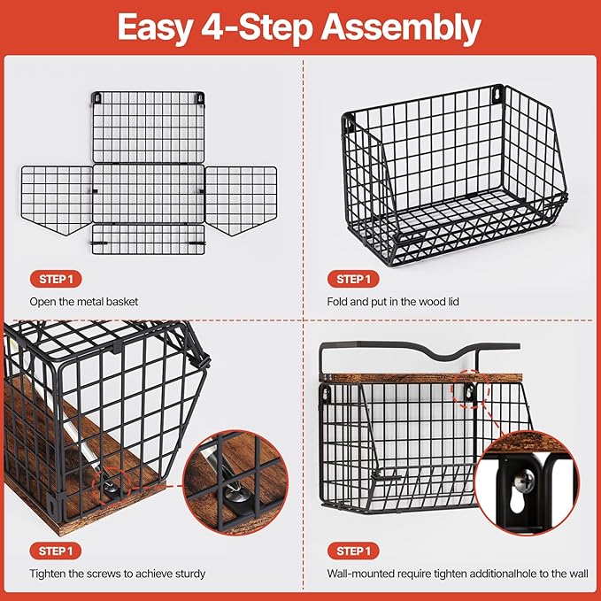 2 Pack Fruit Bowl Hanging Fruit Basket for Kitchen Counter ,Stackable Wire Baskets for Onion Storage and Potato Storage with Wood Lid,Vegetable Fruit Basket with Banana Hooks-CasaMuseHome