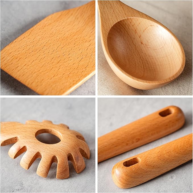 11 PCS WOSPONFAN Kitchen Utensils Set - Wooden Spoons for Cooking, Natural Beech Wood Wooden Utensils - Includes Wooden Spoons, Spatula Set, Slotted Spoon - Handmade Wooden Spoon Set-CasaMuseHome