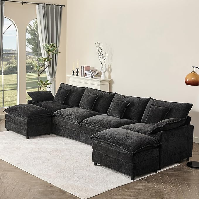 142.5" U Shaped Couch, Modular Sectional Sofa, 3-Seater Comfy Cloud Couch with Movable Ottoman, Deep Seat Couches for Living Room, Chenille, Black-CasaMuseHome