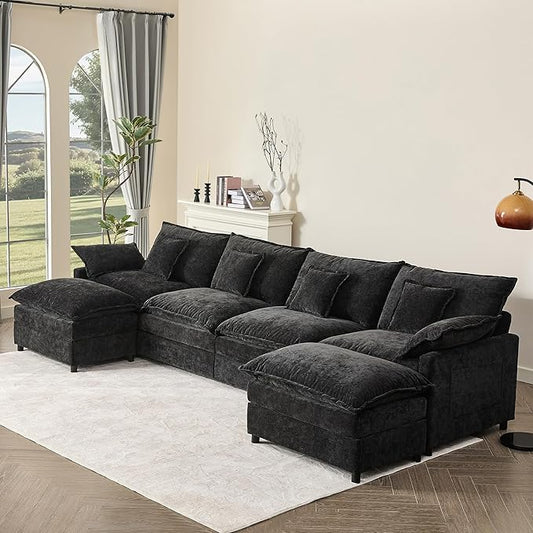 142.5" U Shaped Couch, Modular Sectional Sofa, 3-Seater Comfy Cloud Couch with Movable Ottoman, Deep Seat Couches for Living Room, Chenille, Black-CasaMuseHome