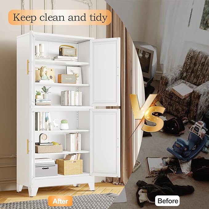 75.2" Tall Metal Pantry Cabinet, Kitchen Pantry Storage Cabinets with 4 Door and 4 Adjustable Shelves, White Storage Cabinet, Freestanding Cupboard for Kitchen Dining Room Living Room Bathroom-CasaMuseHome