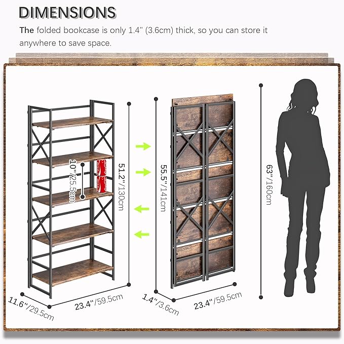 4NM 5 Tiers No Assembly Book Shelves, 51.2" H Folding Bookshelf Bookcase Open Industrial Foldable Shelves for Bedroom, Living Room, Home Office - Rustic Brown Black-CasaMuseHome