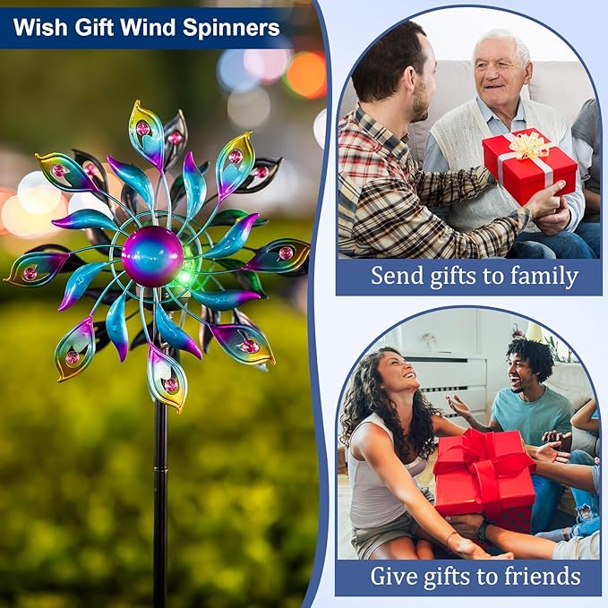 360°Peacock Solar Wind Spinner with Lights Blue Metal Garden Outdoor Decor Yard Lawn Art Decor for Patio Kinetic Windmills Unique Gifts for Friends and Family 51.9' H x 12.2'' Dia-CasaMuseHome