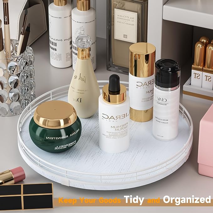 13" Oak Bathroom Vanity Tray Turntable for Perfume Candle, Round Wooden Decorative Tray for Kitchen Sink Countertop Organizer, Bathroom Counter Organizer for Skincare Makeup, Rustic White-CasaMuseHome