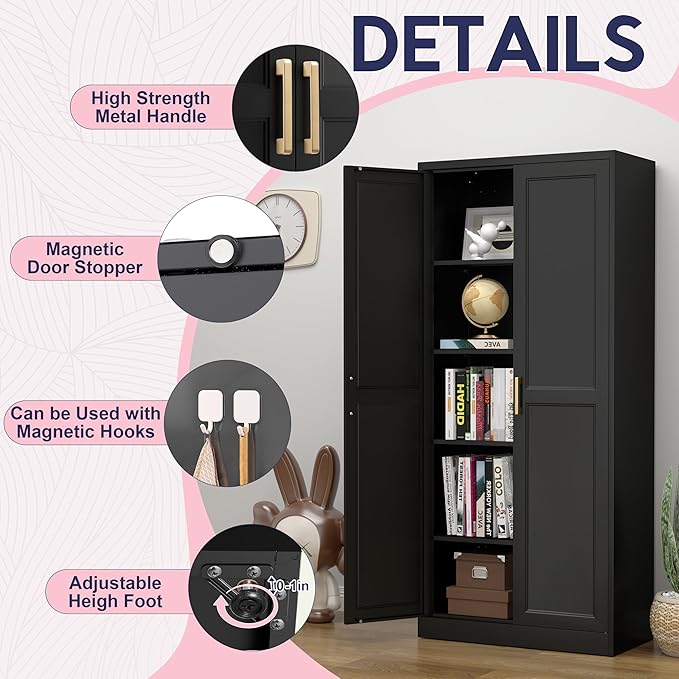 71" Storage Cabinet, Metal Pantry Cabinet, Kitchen Pantry Storage Cabinets with Doors and 4 Shelves for Laundry Room, Living Room, Dinning Room, Assembly Required, Black-CasaMuseHome