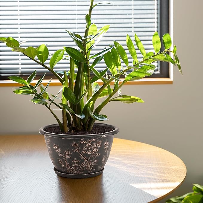 12-inch-Flower-Pots-Outdoor-Indoor, 4 Pack Plastic Planter Pots for Plant with Drainage Hole Saucer, Decorative Resin Garden Container with Tray-CasaMuseHome