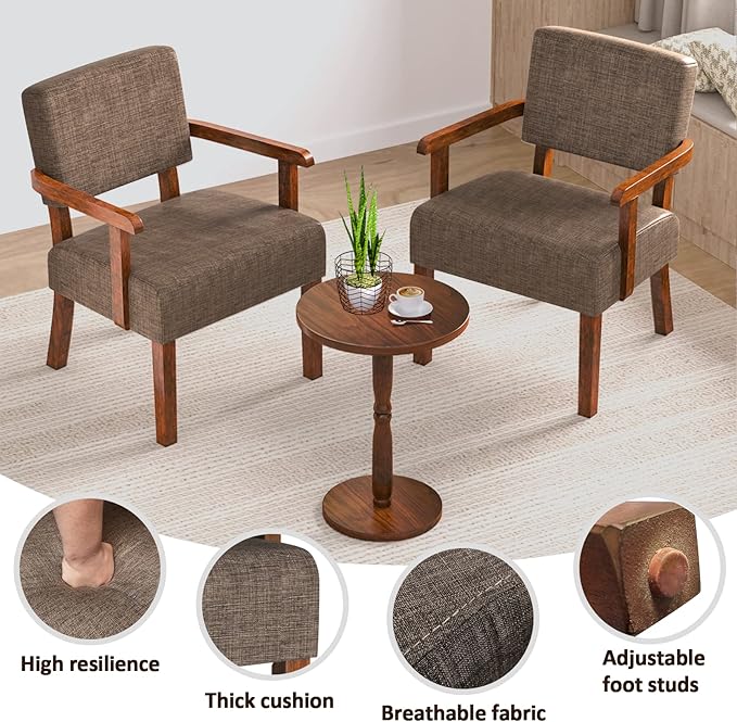 Accent Chair Set of 2 with Table, Living Room Chairs with Soft Seat & Armrests for Living Room Bedroom Reading Room Waiting Room (Brown), (AC01)-CasaMuseHome