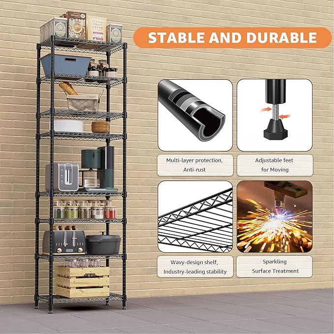 8 Tier 2000 lbs Storage Rack Metal Wire Shelving Unit, Storage Standing Shelf Organizer for Laundry Bathroom Kitchen Pantry Closet Garage Basement Utility Room, Black 13.8" D x 23.6" W x 79.5" H-CasaMuseHome