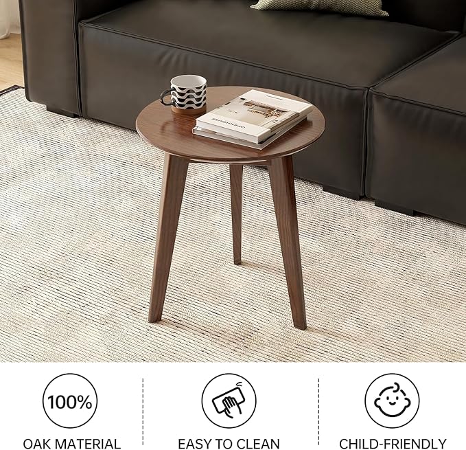 100% Solid Oak Round Side Table Set of 2, Small Bedside Table for Small Spaces, Living Room End Table with Stable Frame, Modern Nightstand for Bedroom Couch(Walnut, 17.71" D x 19.68" H)-CasaMuseHome