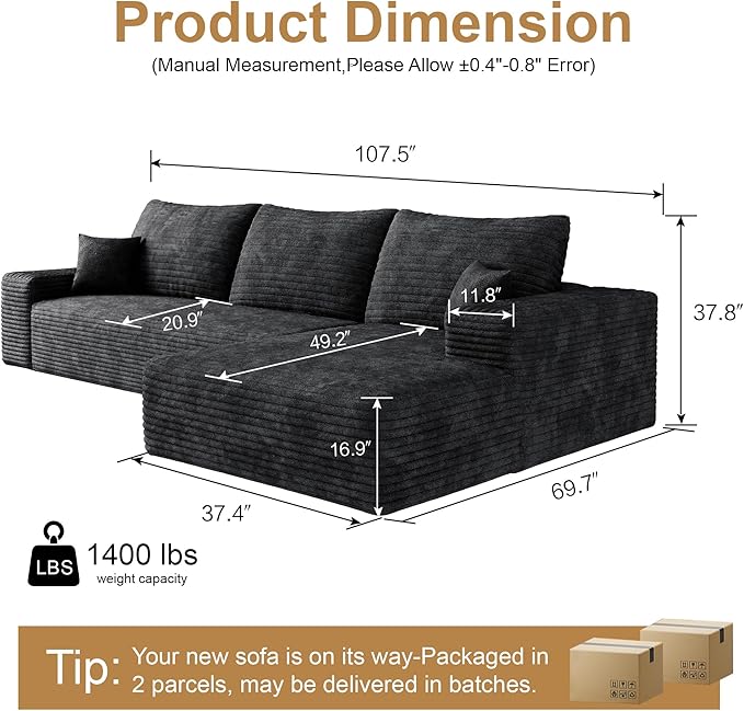 108" Sectional Couches for Living Room Modern Modular Sofa with L-Shape Couchs Upholstered Boneless Couch Deep Seat Sectional Couch with Chaise (Black, Right Facing Chaise+2Seaters)-CasaMuseHome