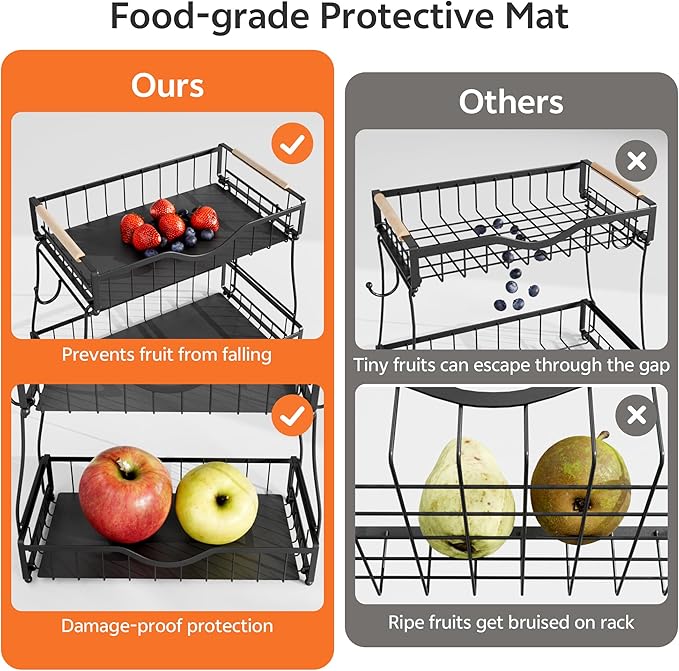 2 Tier Fruit Basket with 2 Banana Hangers, Fruit Bowl for Kitchen Countertop with 2 Wooden Handle, Detachable Metal Fruit Holder for Vegetable Bread with 2 Protective Pads, Black-CasaMuseHome
