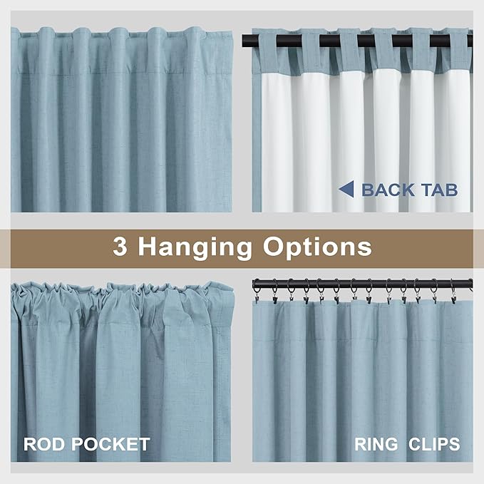 100% Blackout Curtains 90 Inches Long for Living Room 2 Panels Set Light Blocking Heat Darkening Energy Saving Curtain Window Coverings Coastal Beach Linen Farmhouse Drapes Bedroom Stone Blue Chambray-CasaMuseHome