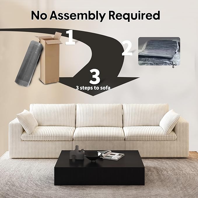 118" 3-Seater Cloud Sofa,Modular Sectional Couch,Modern Deep Seat Upholstered Couches with Plush Corduroy Fabric for Living Room Furniture,Bedroom and Apartment,No Assembly Required,White-CasaMuseHome