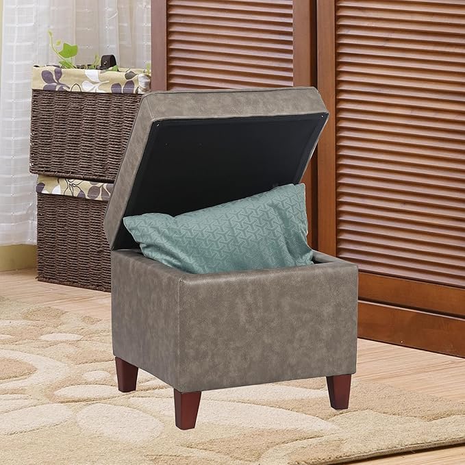Adeco 17.5" Square Faux Leather Ottoman with Storage - Upholstered PU Foot Rest - Flip Top Footstool with Sturdy Wood Legs, Small Cube Coffee Table Extra Seat for Living Room, Bedroom, Coffee Brown-CasaMuseHome