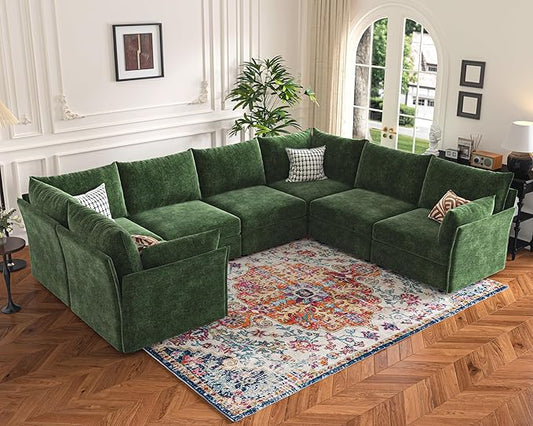 136.4" Oversized Modular Sectional Sofa, U Shaped Convertible Couch with Movable Ottoman, Large 7 Seat Corner Couches for Living Room Deep Seat Green Chenille-CasaMuseHome