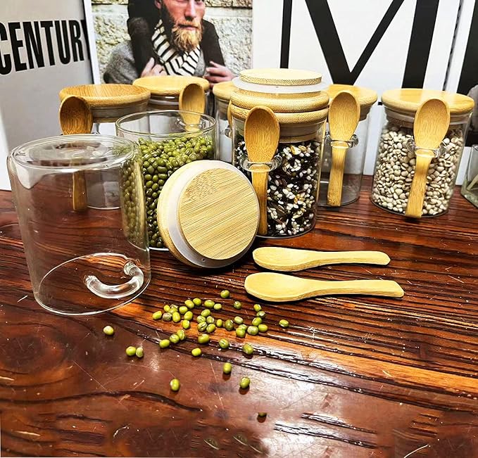 7.6 oz Airtight Mini Glass Jars with Bamboo Lids and Bamboo Spoons, Spice Jars Small Food Storage Containers for Kitchen, Bathroom, Home Decor Set of 8-CasaMuseHome