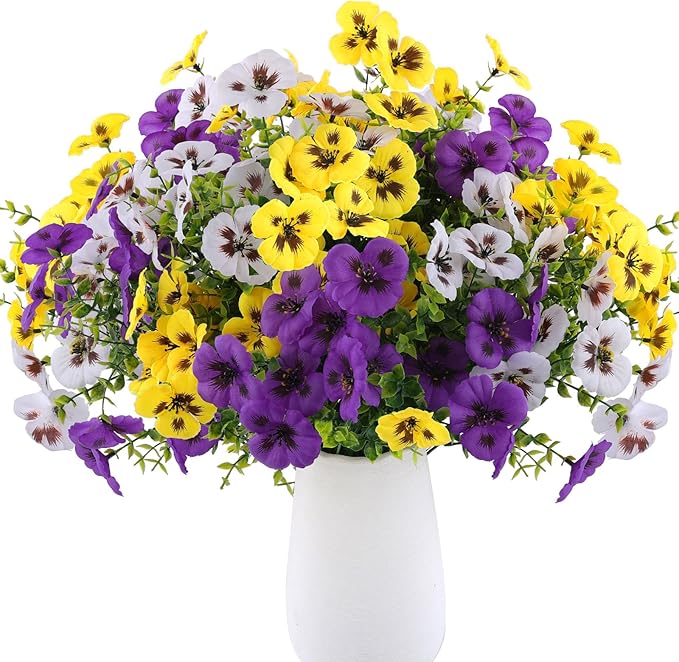 18 Bundles Artificial Fake Pansy Flowers for Outdoor, Faux UV Resistant Silk Pansies Flowers for Outside Planter Front Door Porch Yard Patio Window Box Home Decor (18, Purple, Yellow, White)-CasaMuseHome