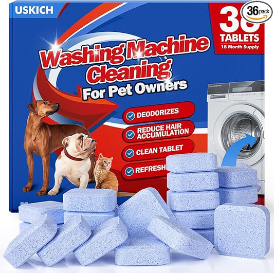 36Pack Washing Machine Cleaner Tablets-18 Month Supply,Washer Machine Cleaner Formulated For Pet Owners,Easy Pet Hair Remover for Laundry,Compatible with HE, Top & Front Load Washer.Septic Safe-CasaMuseHome