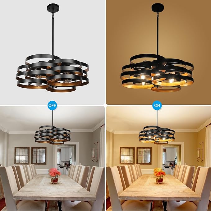 6-Light Modern Farmhouse Chandeliers for Dining Room, Rustic Multiple Rings Pendant Lighting, Industrial Metal Round Chandelier for Kitchen Entryway, Black with Gold Interior-CasaMuseHome