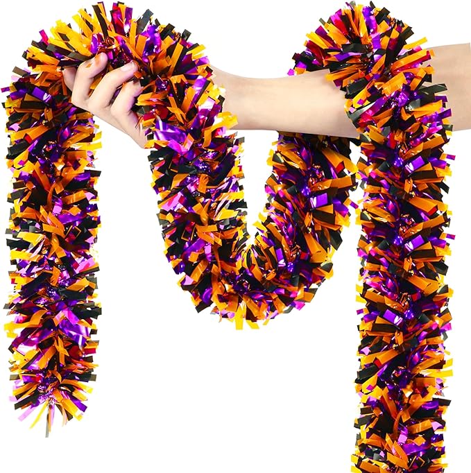 50FT Halloween Decorations Tinsel Garland, Orange Purple Black Shiny Metallic Tinsel Twist Hanging Streamers Garland for Halloween Birthday Home Tree Banister Indoor Outdoor Party Decor Supplies-CasaMuseHome