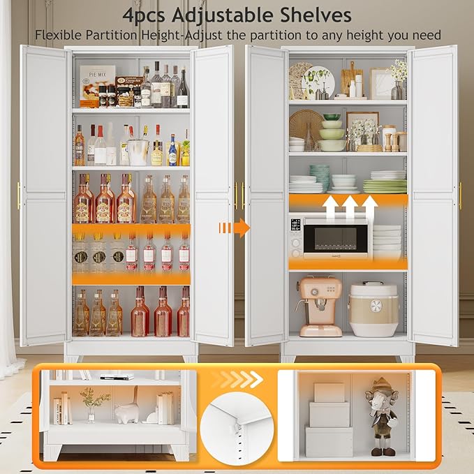 71" Tall Metal Pantry Storage Cabinet with Doors and 4 Adjustable Shelves, White Kitchen Food Pantry Cabinets, Tall Freestanding Cupboard for Kitchen, Dining Room or Living Room-CasaMuseHome