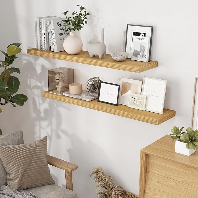 48 Inch Floating Shelves Set of 2, Rustic 48 x 9 Floating Shelf for Wall, 9 Inch Deep Bookshef Invisible Bracket, Wall-Mounted Deep Shelving for Bedroom, Kicten, Living Room, Oak Color-CasaMuseHome