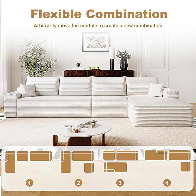 136" Sectional Couches for Living Room Modern Modular Sofa with L-Shape Couchs Upholstered Boneless Couch Deep Seat Sectional Couch with Chaise (White, Right Facing Chaise+3Seaters)-CasaMuseHome