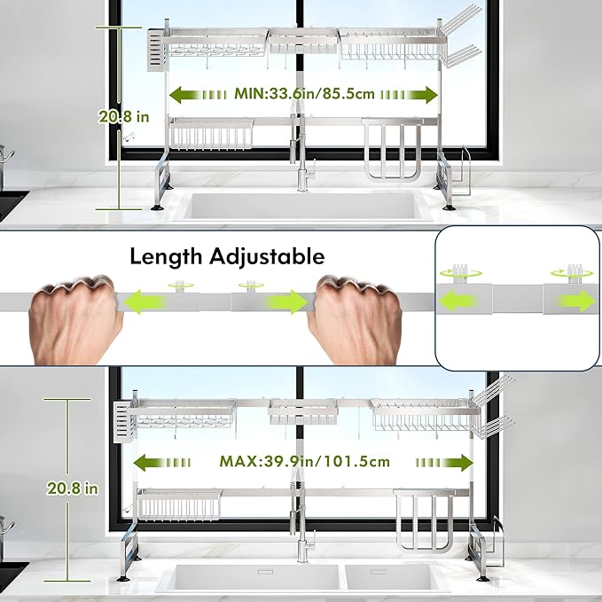 2 Tier Extra Large Stainless Steel Expandable Over The Sink Dish Drainer Drying Rack, Rust Proof Metal, Space Saving, Modern Silver Big Capacity Extendable Plate Strainers Above Kitchen Counter-CasaMuseHome