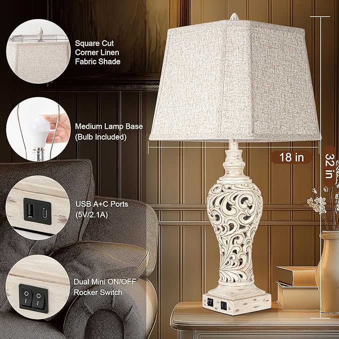 32" Tall Table Lamps Set of 2 - Bedside Lamp with Fabric Shades - for Bedroom and Living Room with USB and Nightlight - Perfect for Nightstands and Bedrooms - Bulbs Included-CasaMuseHome
