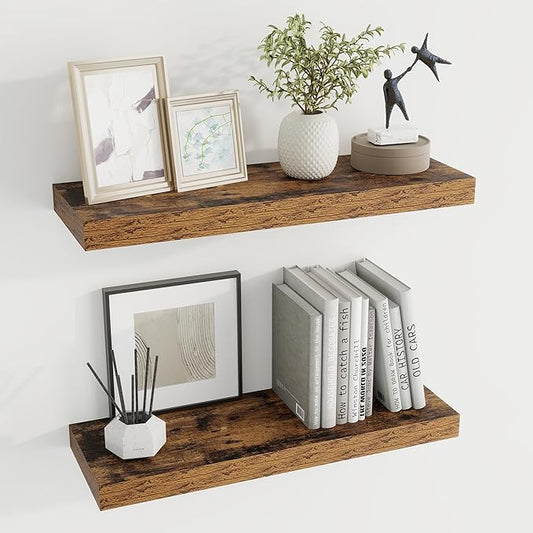 24 inch Floating Shelves Long Floating Shelves for Wall Large Wall Mounted Shelves with Invisible Brackets, Brown Shelves for Bathroom, Living Room, Kitchen, Office, 24x6.7 inch deep Set of 2-CasaMuseHome