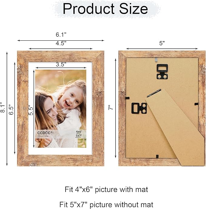5x7 Picture Frame Set of 4, 5 x 7 Wood Photo Frames with Mat for 4x6, Natural Wooden Frame with Real Glass Cover for Wall and Tabletop Display,Brown-CasaMuseHome