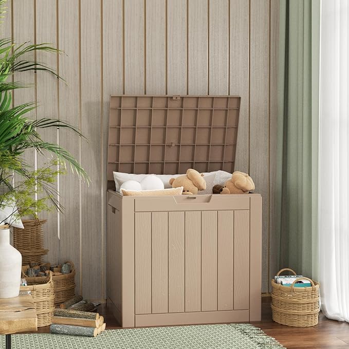 36 Gallon Outdoor Deck Box,Storage Lockable Waterproof Patio Furniture,Garden Tools,Cushions,Pool Accessories Outside Storage Resin Box(Grey)-CasaMuseHome