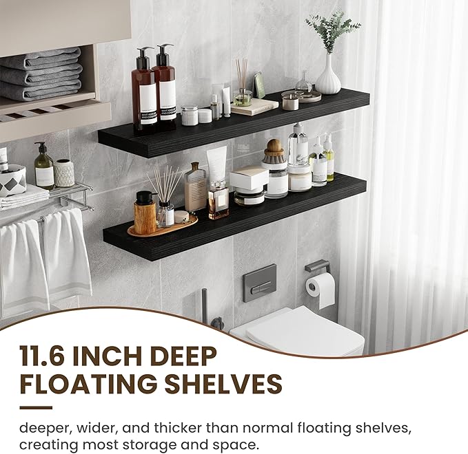 48 Inch Floating Shelves, 12 Inch Deep Floating Shelves for Wall, Floating Shelf with Invisible Brackets, Deep Shelves for Bathroom, Bedroom, Living Room, 1 Pack, Black-CasaMuseHome