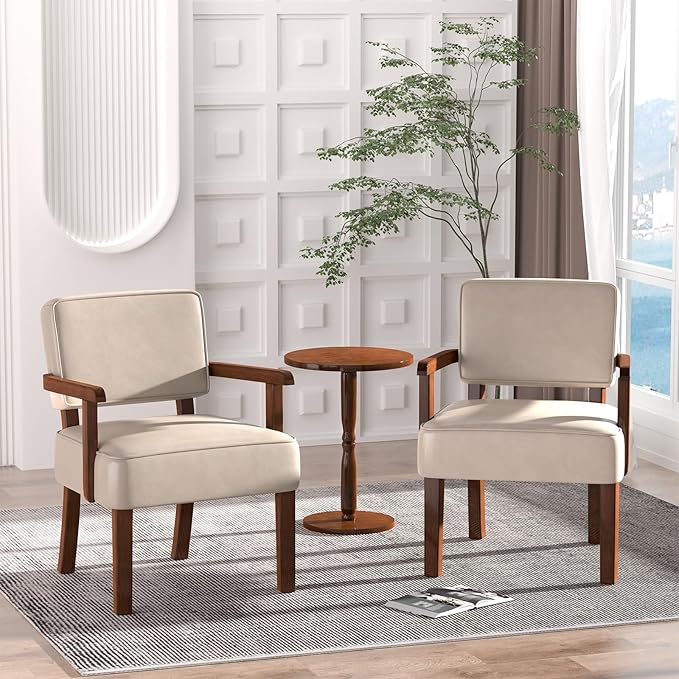 Accent Chair Set of 2 with Table, PU Leather Chair for Living Room Oversized Armchair with Soft Seat and Armrests for Bedroom Dinning Reading Waiting Room (Leather Beige)-CasaMuseHome