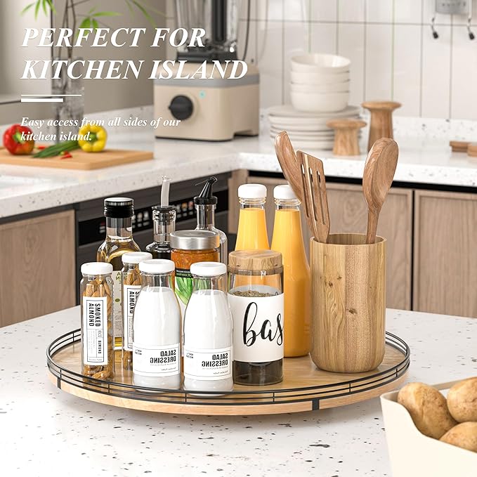 21" Lazy Susan Oak Wood Turntable Organizer for Cabinet, Farmhouse Round Wooden Large Lazy Susan Organization and Storage for Dining Table, Pantry, Kitchen, Countertop, Cupboard, Home Decor-CasaMuseHome