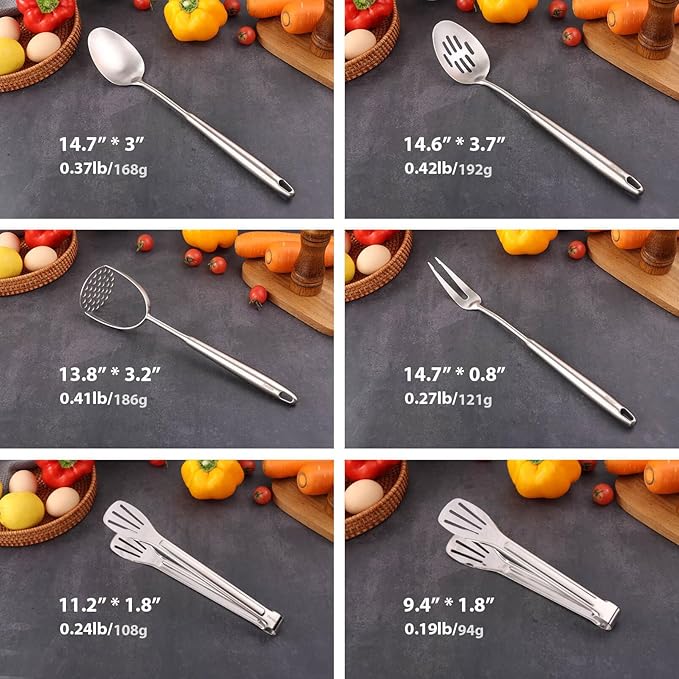18/10 Stainless Steel Kitchen Utensils Set - 12 PCS All Metal Cooking Tools & 15″ Serving Utensils - Potato Masher, Meat Fork, Tongs, Turner, Pasta, Serving Spoon, Skimmer, Ladle, Spatula Spoon Set-CasaMuseHome