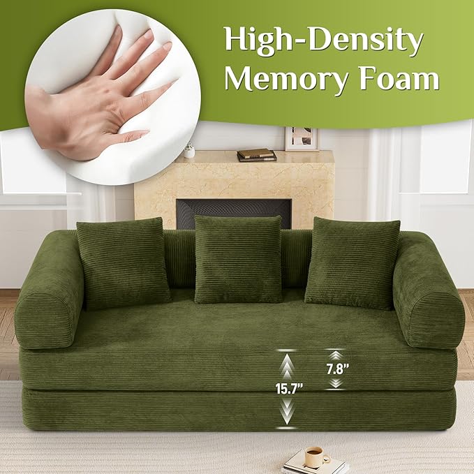 80.3" Convertible Sleeper Sofa Bed with Cylindrical Pillow, Corduroy Folding Mattress Couch with Fixed-Shape Frame, Modular Floor Sofa Lounge Couch for Living Room Bedroom Lounge, Green-CasaMuseHome