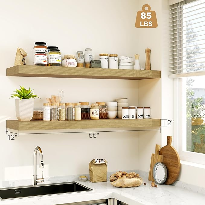 12" Deep Bathroom Floating Shelves for Wall Shelf Over Toilet Wall Mounted Farmhouse Long 55 inches Set of 1, Farmhouse Shelves with Invisible Brackets for Living Room, Kitchen, Bedroom,Oak-CasaMuseHome