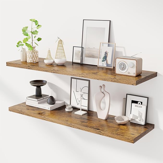 48" Floating Shelves for Wall, 12" Deep Slim Rustic Brown Floating Shelves, Wall-Mounted Shelves for Bedroom, Living Room, Kitchen, Bathroom - Set of 2-CasaMuseHome