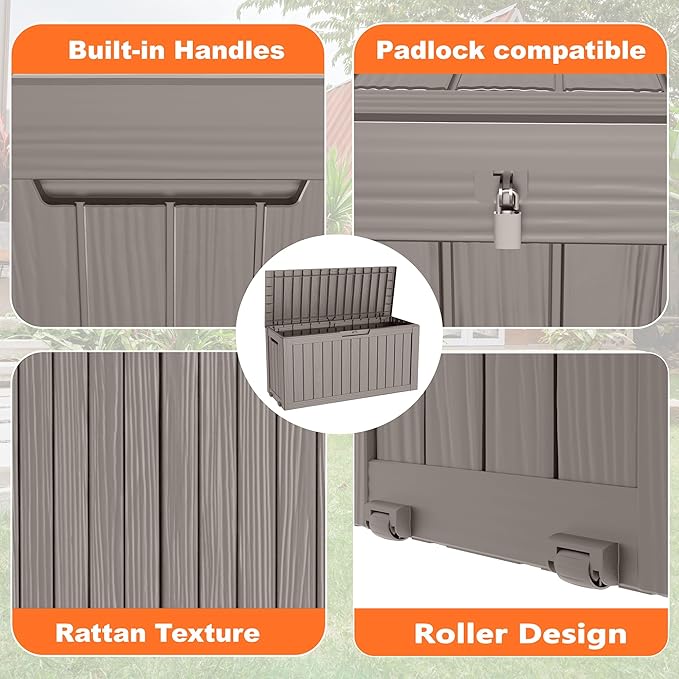 75 Gallon Resin Deck Box, Lockable Patio Outdoor Storage Box for Furniture, Garden Tools and Tools Storage, Waterproof Outside Storage Boxes - Grey-CasaMuseHome