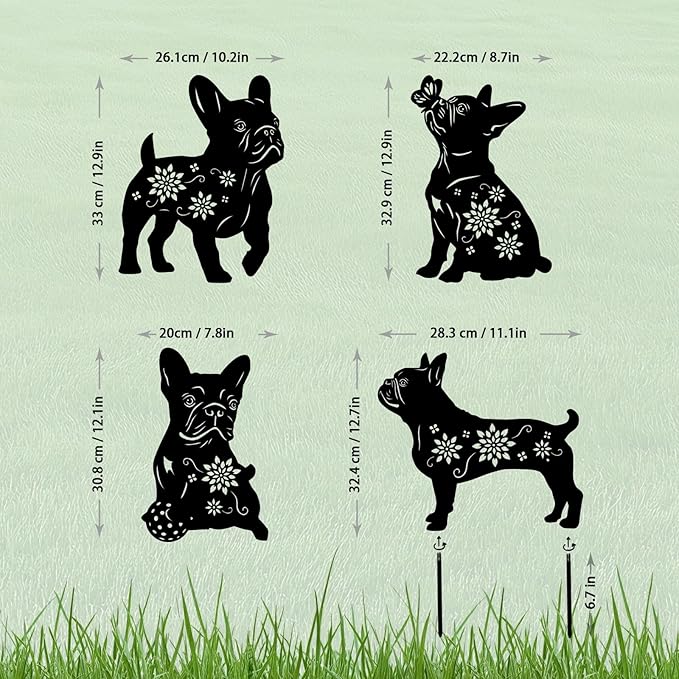 4 Pack Bulldog Metal Garden Decorative Stakes, Weather Proof Puppy Silhouette Statues for Yard, Patio,Outdoor Decor for Bulldog Lovers and Pet Owners-CasaMuseHome